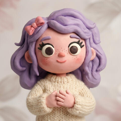 ADHD Ruby, a cute clay girl with lavender hair and a pink bow, the mascot of ADHD Girly